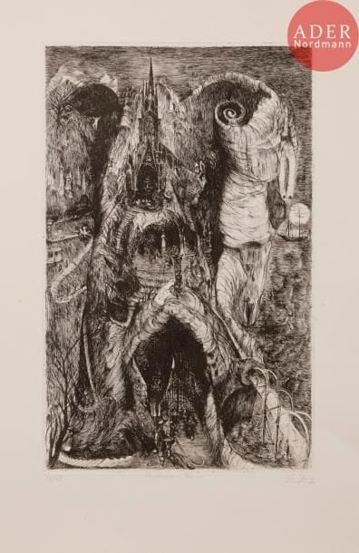 Édouard GOERG
Sanctuaires et pèlerins. 1938. Eau-forte. 398 x 249. I.F.F. 139. Très belle épreuve sur vélin, numérotée, titrée et signée au crayon. Quelques rousseurs claires. Petit manque dans l’angle supérieur gauche du feuillet. Toutes marges. Tirage à 108 épreuves. Éd. de la Société des Peintres-Graveurs Français.