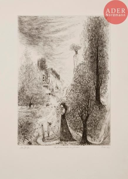 Édouard GOERG
La Promenade au jardin, ou La Promenade à l’ombrelle. 1942. Eau-forte. 275 x 196. I.F.F. 150. Réunion de 5 belles épreuves de décomposition des états sur vélin, diversement annotées et signées au crayon. Rousseurs claires et trace d’oxydation en tête au 1er état. Toutes marges. Timbre sec : H. Petiet éditeur Paris (Lugt 2021a).