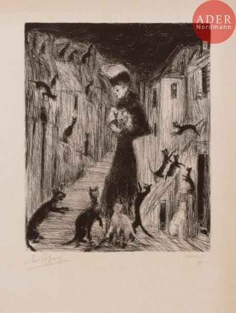 Édouard GOERG
La Femme aux chats. Vers 1930-1940. Lithographie. 240 x 193. Belle épreuve sur vélin, signée, annotée « épreuve d’artiste » et numérotée au crayon. Traces d’oxydation marginales. Rousseurs claires visibles uniquement au verso. Toutes marges.