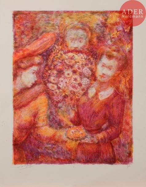 Édouard GOERG
La Femme au bouquet. Vers 1953. Lithographie. 495 x 385. I.F.F. 204. Réunion de 5 très belles épreuves sur vélin, variantes de couleurs, la 1re de la pierre-clé tirée en noir, signées et justifiées au crayon. Quelques rousseurs claires, traces de plis et empoussiérage à certaines pl. Toutes marges.