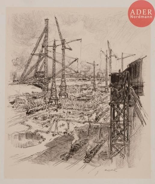Georges GOBO
Georges GOBÔ
Travaux du canal de Kembs. 1930. Lithographie. 365 x 335. I.F.F. 99. Très belle épreuve sur chine appliqué, signée à la pierre noire. Rousseurs claires éparses sur le support. Quelques courts plis cassés aux bords du feuillet. Toutes marges.