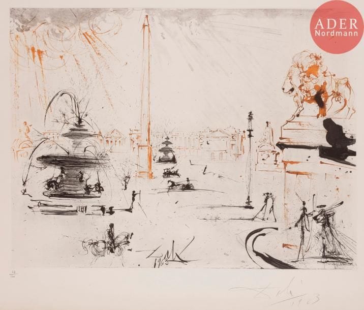 Salvador DALI
Salvador DALÍ
La Place de la Concorde. (Suite Paris, pl. 1). 1963. Eau-forte et aquatinte par Bracons. 444 x 588. Michler et Löpsinger 91. Impression en couleurs. Très belle épreuve sur vergé crème fort, légèrement oxydée, numérotée, signée et datée au crayon. Toutes marges. Tirage à 100 épreuves. Duplessis et Berggruen éd.