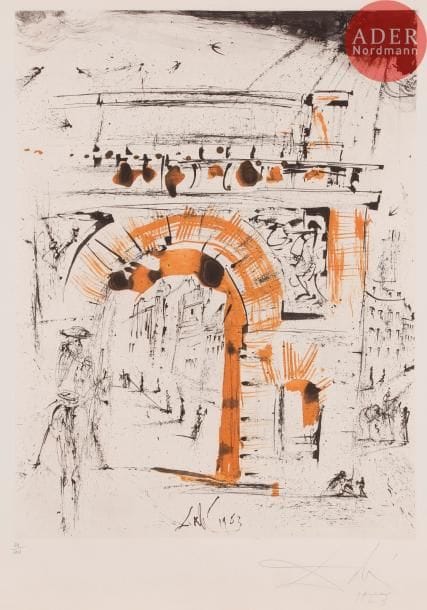 Salvador DALI
Salvador DALÍ
Porte Saint-Denis. (Suite Paris, pl. 3). 1963. Eau-forte et aquatinte par Bracons. 589 x 444. Michler et Löpsinger 93. Impression en couleurs. Très belle épreuve sur vergé crème fort, légèrement oxydée, numérotée, signée et datée au crayon. Toutes marges. Tirage à 100 épreuves. Duplessis et Berggruen éd.