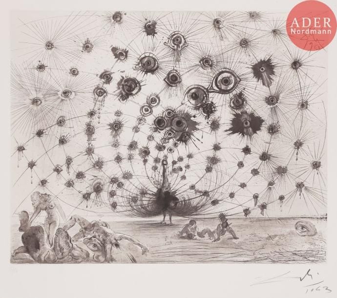 Salvador DALI
Salvador DALÍ
Argus. (Mythologie, pl. 1). 1963-1965. Héliogravure et pointe sèche. 398 x 497. Michler et Löpsinger 116. Très belle et fraîche épreuve sur vélin filigrané « Arches », numérotée, signée et datée au crayon. Trace claire d’oxydation aux bords du feuillet. Toutes marges. Tirage à 150 épreuves. Argillet éd.