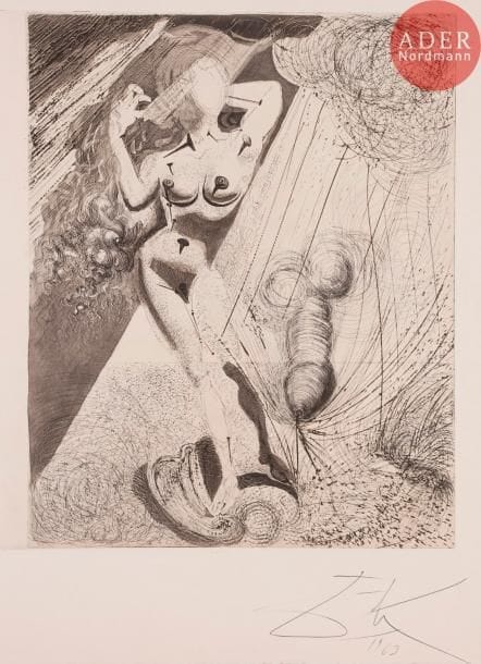 Salvador DALI
Salvador DALÍ
Aphrodite. (Mythologie, pl. 2). 1963-1965. Héliogravure et pointe sèche. 492 x 397. Michler et Löpsinger 117. Très belle épreuve sur vélin filigrané « Arches », avec un grain d’aquatinte supplémentaire sur cuivre additionnel, signée et datée « 1963 » au stylo-bille. Minuscules rousseurs aux bords du feuillet au verso. Toutes marges. Tirage définitif à 150 épreuves sur vélin et 20 sur japon. Argillet éd. Joint : même sujet. Héliogravure et pointe sèche. 494 x 396. Parfaite épreuve sur vélin filigrané « Arches », non signée. Toutes marges. Ens. 2 p.