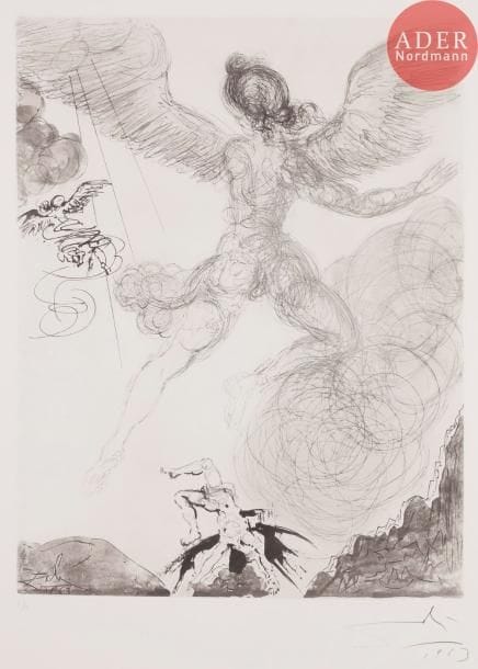 Salvador DALI
Salvador DALÍ
Icare. (Mythologie, pl. 6). 1963-1965. Héliogravure et pointe sèche. 500 x 398. Michler et Löpsinger 121. Très belle et fraîche épreuve sur vélin filigrané « Arches », numérotée, signée et datée « 1963 » au crayon. Très claire trace d’oxydation aux bords du feuillet. Toutes marges. Tirage à 150 épreuves. Argillet éd.