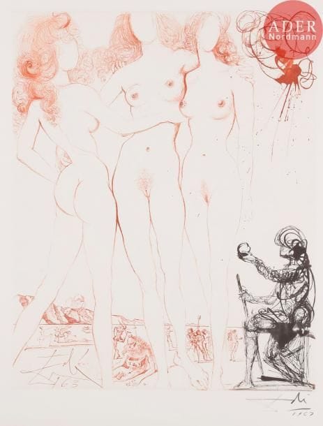 Salvador DALI
Salvador DALÍ
Le Jugement de Pâris. (Mythologie, pl. 8). 1963-1965. Héliogravure et pointe sèche. 505 x 401. Michler et Löpsinger 123. Impression en noir et sanguine. Très belle épreuve sur vélin filigrané « Arches », signée et datée « 1963 » au crayon. Traces claires d’oxydation et d’empoussiérage aux bords du feuillet. Toutes marges. Tirage à 150 épreuves sur ce papier. Argillet éd.