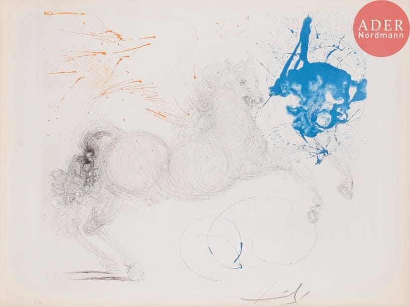 Salvador DALI
Salvador DALÍ
Pégase. (Mythologie, pl. 13). 1963-1965. Héliogravure et pointe sèche. 535 x 627. Michler et Löpsinger 128. Impression en couleurs. Très belle épreuve sur vélin crème filigrané « Arches », numérotée et signée au crayon. Trace claire d’oxydation aux bords du feuillet. Petite tache d’encre gris clair dans la marge gauche. Toutes marges. Tirage à 150 épreuves. Argillet éd.