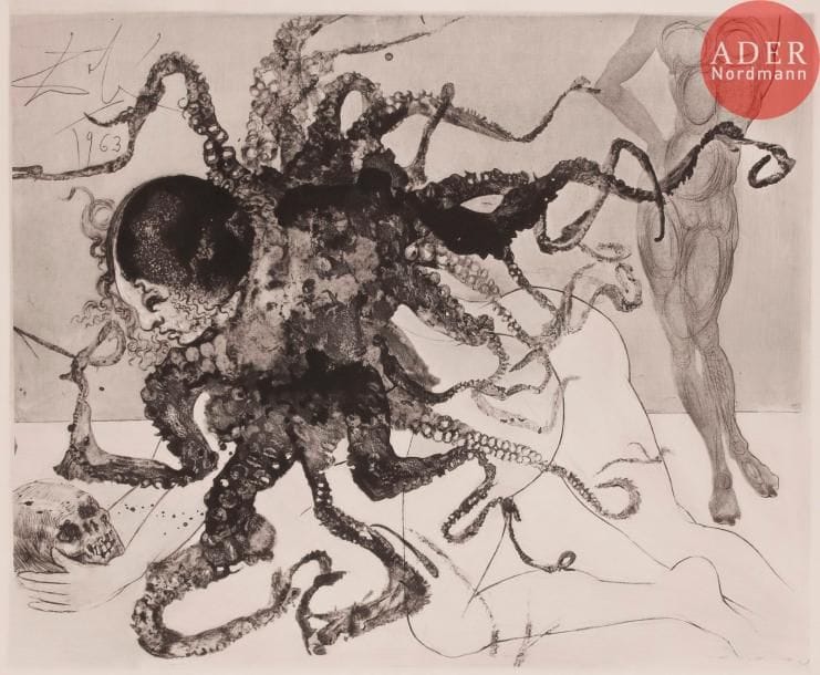 Salvador DALI
Salvador DALÍ
Méduse. (Mythologie, pl. 16). 1963-1965. Héliogravure et pointe sèche. 427 x 524. Michler et Löpsinger 131. Très belle épreuve sur vélin filigrané « bfk rives », non signée. Empoussiérage et traces d’empreintes digitales aux bords du feuillet. Toutes marges. Tirage définitif à 150 épreuves sur ce papier. Argillet éd.