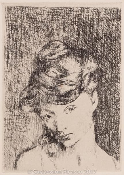 Pablo PICASSO
Tête de femme : Madeleine. 1905. Eau-forte. 119 x 88. Bloch 2 ; Geiser-Baer 3 b 2. Parfaite épreuve sur vélin ivoire fort filigrané « Van Gelder Zonen », du tirage à 250 épreuves effectué par Fort pour Vollard en 1913. Toutes marges non ébarbées.