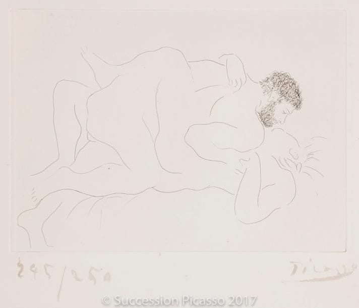 Pablo PICASSO
Homme et femme. 1927. Eau-forte. 194 x 279. Bloch 77 ; Baer 118 b 2. Très belle épreuve sur vélin blanc fort, numérotée et signée au pinceau et à l’encre grise. Léger empoussiérage aux bords du feuillet, notamment dans l’angle supérieur droit. Toutes marges. Tirage à 250 épreuves. A. Vollard éd.