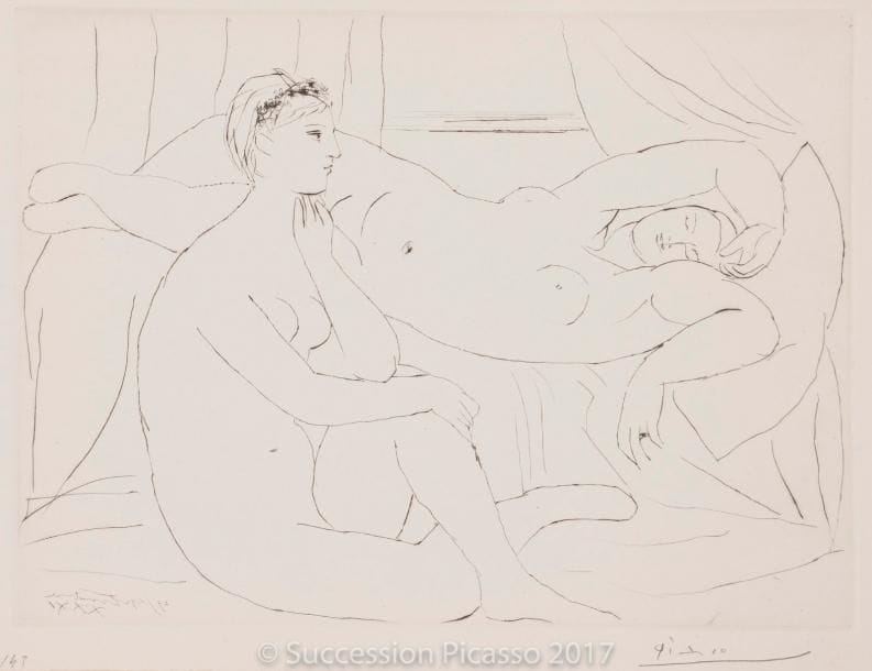 Pablo PICASSO
Deux femmes se reposant. (Suite Vollard, pl. 10). 1931. Pointe sèche. 298 x 368. Bloch 143 ; Baer 210 B d. Parfaite épreuve sur vergé de Montval filigrané « Vollard », du tirage à 260 épreuves à petites marges, signée au crayon.