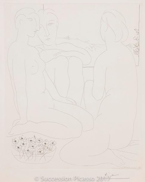 Pablo PICASSO
Trois femmes nues et une coupe d’anémones. (Suite Vollard, pl. 67). 1933. Eau-forte. 367 x 298. Bloch 176 ; Baer 329 B d. Parfaite épreuve sur vergé de Montval filigrané « Picasso », du tirage à 260 épreuves à petites marges, signée au crayon.