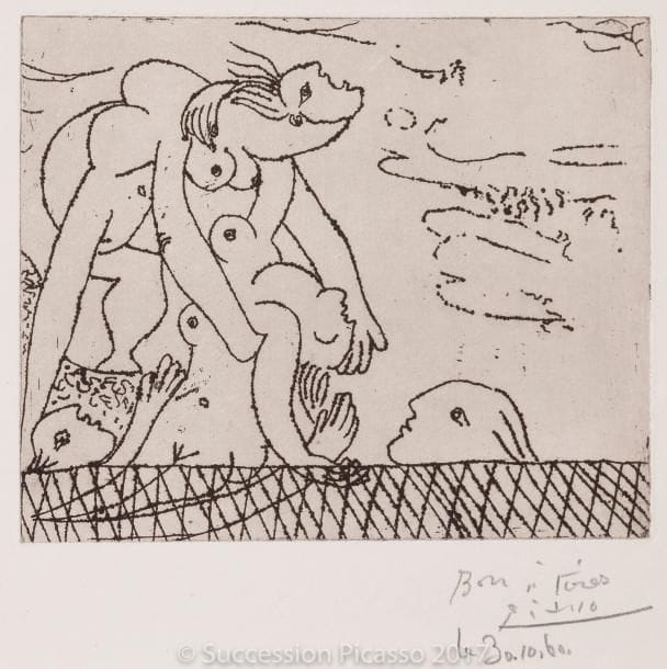 Pablo PICASSO
Le Sauvetage de la noyée I. 1932. Eau-forte. 158 x 194. Bloch 244 ; Baer 272 B a. Superbe épreuve tirée avec teinte de fond sur vergé mince blanc, antérieure au tirage à 50 épreuves effectué par Frélaut en 1961 pour la Galerie Louise Leiris, annotée au crayon « Bon à tirer / Picasso / le 30.10.60 ». Traces de plis souples au bord droit dont un oblique dans l’angle supérieur droit. Toutes marges. Cette épreuve citée par Baer.
