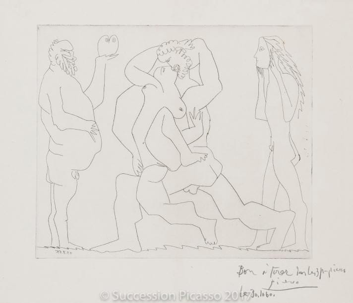 Pablo PICASSO
Bacchanale au hibou et au jeune homme masqué. 1955. Eau-forte. 257 x 306. Bloch 777 ; Baer 952 B a. Superbe épreuve sur vergé ancien azuré, antérieure au tirage à 50 épreuves effectué par Frélaut en 1961 pour la Galerie Louise Leiris, annotée au crayon « Bon à tirer sur les 3 papiers / Picasso / le 30.10.60 ». Petites taches d’encre marginales. Un point de rouille visible dans les cheveux du jeune homme à droite. Toutes marges. Cette épreuve citée par Baer.