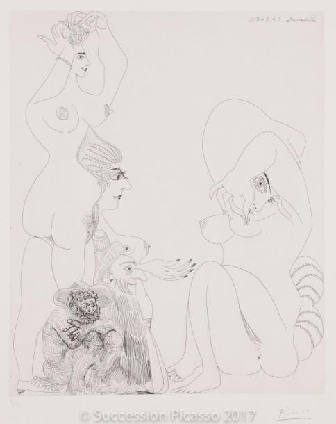 Pablo PICASSO
Vieil homme avec magicien… (Les 347, pl. 6). 1968. Eau-forte. 423 x 345. Bloch 1486 ; Baer 1501 B b 1. Parfaite épreuve sur vélin blanc, numérotée et signée au crayon. Toutes marges. Tirage à 50 épreuves. Éd. de la Galerie Leiris.