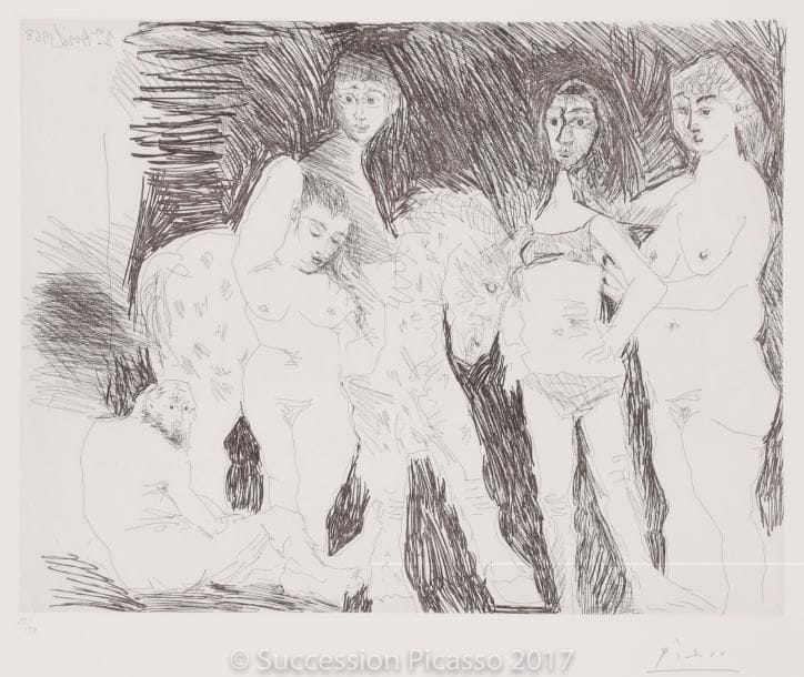 Pablo PICASSO
Vieil homme pensant à sa jeunesse : Garçon sur un cheval… (Les 347, pl. 15). 1968. Eau-forte. 314 x 417. Bloch 1495 ; Baer 1511 B b 1. Parfaite épreuve sur vélin blanc, numérotée et signée au crayon. Toutes marges. Tirage à 50 épreuves. Éd. de la Galerie Leiris.