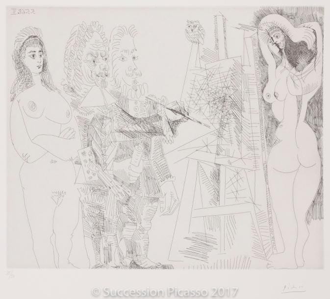 Pablo PICASSO
L’Atelier, avec un hibou et un envoyé officiel. (Les 347, pl. 65). 1968. Eau-forte. 324 x 401. Bloch 1545 ; Baer 1561 B b 1. Parfaite épreuve sur vélin blanc, numérotée et signée au crayon. Toutes marges. Tirage à 50 épreuves. Éd. de la Galerie Leiris.