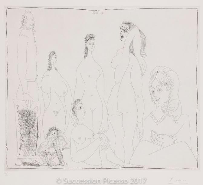 Pablo PICASSO
Peintre longiligne avec des femmes... (Les 347, pl. 75). 1968. Eau-forte. 414 x 496. Bloch 1555 ; Baer 1571 B b 1. Parfaite épreuve sur vélin blanc, numérotée et signée au crayon. Toutes marges. Tirage à 50 épreuves. Éd. de la Galerie Leiris.