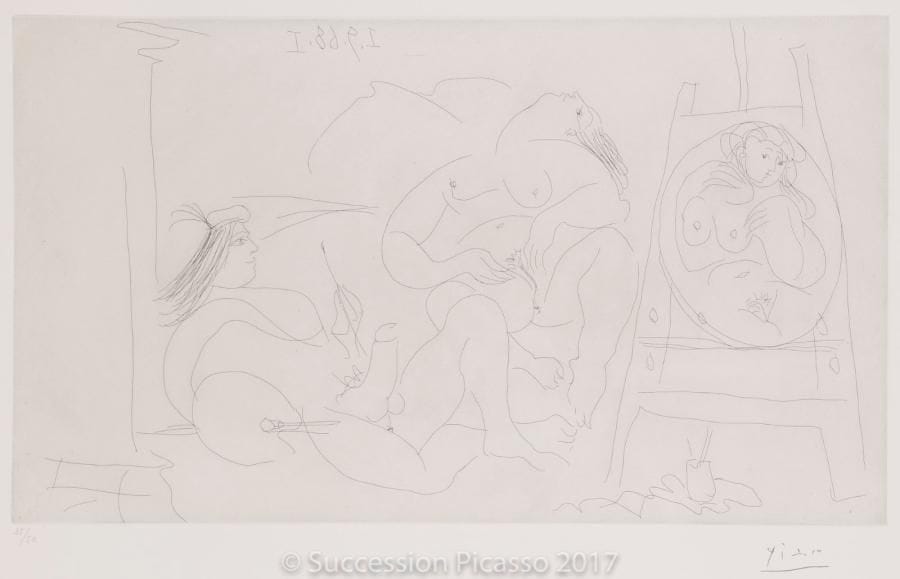 Pablo PICASSO
Raphaël et la Fornarina. VI. (Les 347, pl. 301). 1968. Eau-forte. 297 x 514. Bloch 1781 ; Baer 1798 B b 1. Parfaite épreuve sur vélin blanc, numérotée et signée au crayon. Toutes marges. Tirage à 50 épreuves. Éd. de la Galerie Leiris.