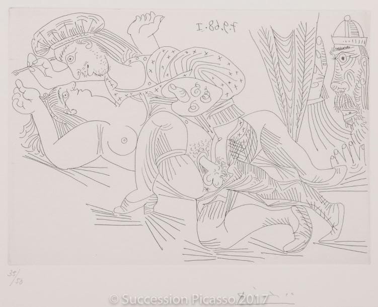 Pablo PICASSO
Raphaël et la Fornarina. XX. (Les 347, pl. 315). 1968. Eau-forte. 148 x 209. Bloch 1795 ; Baer 1812 B b 1. Parfaite épreuve sur vélin blanc, numérotée et signée au crayon. Toutes marges. Tirage à 50 épreuves. Éd. de la Galerie Leiris.