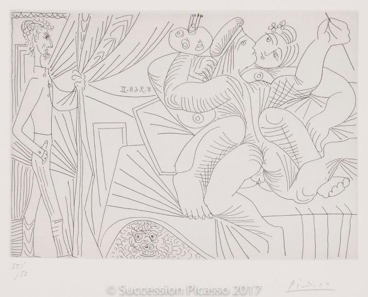 Pablo PICASSO
Raphaël et la Fornarina. XXII. (Les 347, pl. 317). 1968. Eau-forte. 148 x 209. Bloch 1797 ; Baer 1814 B b 1. Parfaite épreuve sur vélin blanc, numérotée et signée au crayon. Toutes marges. Tirage à 50 épreuves. Éd. de la Galerie Leiris.
