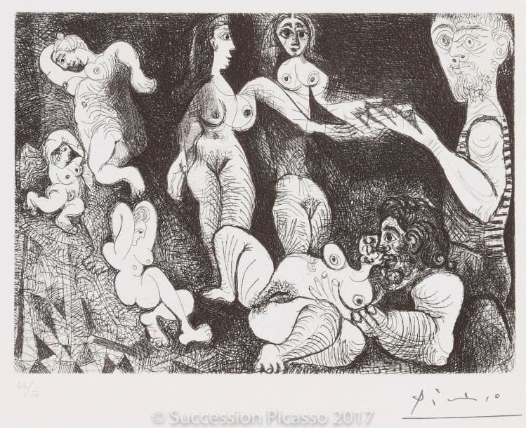 Pablo PICASSO
Marin rêveur avec deux femmes... (Les 156, pl. 9). 1970. Eau-forte, grattoir et pointe sèche. 149 x 206. Bloch 1864 ; Baer 1869 VII B a. Parfaite épreuve sur vélin blanc, numérotée et timbrée (Lugt 2026e). Toutes marges. Tirage à 50 épreuves. Éd. de la Galerie Leiris.
