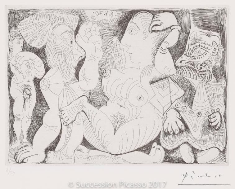 Pablo PICASSO
Vieil homme et femme, avec un jeune athlète et un nain. (Les 156, pl. 27). 1970. Eau-forte. 149 x 208. Bloch 1882 ; Baer 1888 B a. Parfaite épreuve sur vélin blanc, numérotée et timbrée (Lugt 2026e). Toutes marges. Tirage à 50 épreuves. Éd. de la Galerie Leiris.