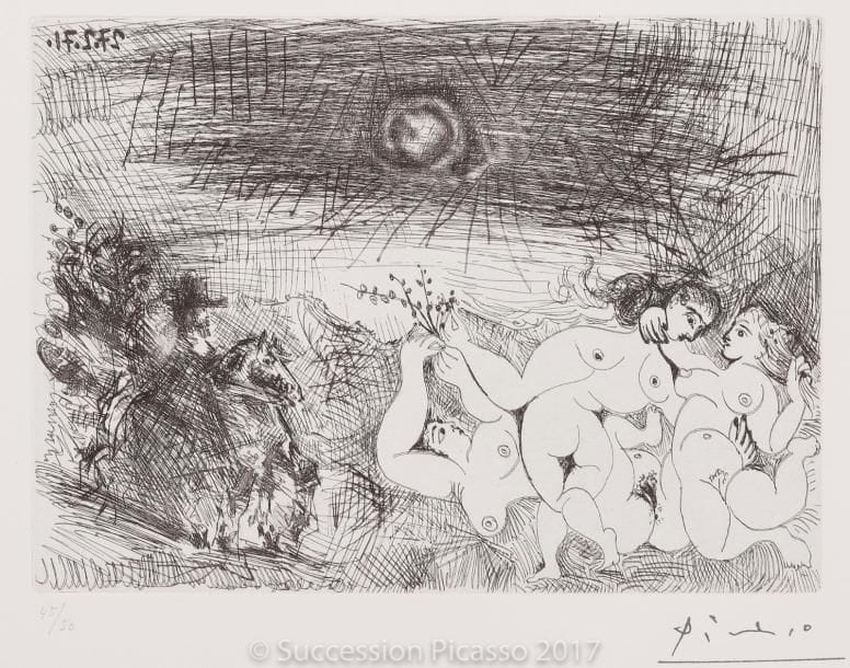 Pablo PICASSO
Cavalier surprenant des femmes... (Les 156, pl. 59). 1971. Eau-forte, grattoir et pointe sèche. 149 x 207. Bloch 1914 ; Baer 1921 II B a. Parfaite épreuve sur vélin blanc, numérotée et timbrée (Lugt 2026e). Toutes marges. Tirage à 50 épreuves. Éd. de la Galerie Leiris.