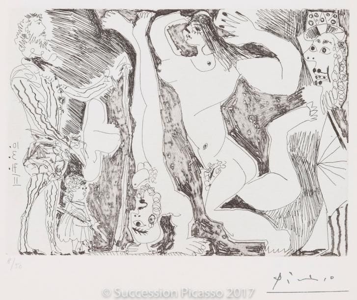 Pablo PICASSO
L’Acrobate, avec femme et spectateurs... (Les 156, pl. 73). 1971. Eau-forte. 148 x 206. Bloch 1928 ; Baer 1937 B b 1. Parfaite épreuve sur vélin blanc, numérotée et timbrée (Lugt 2026e). Toutes marges. Tirage à 50 épreuves. Éd. de la Galerie Leiris.