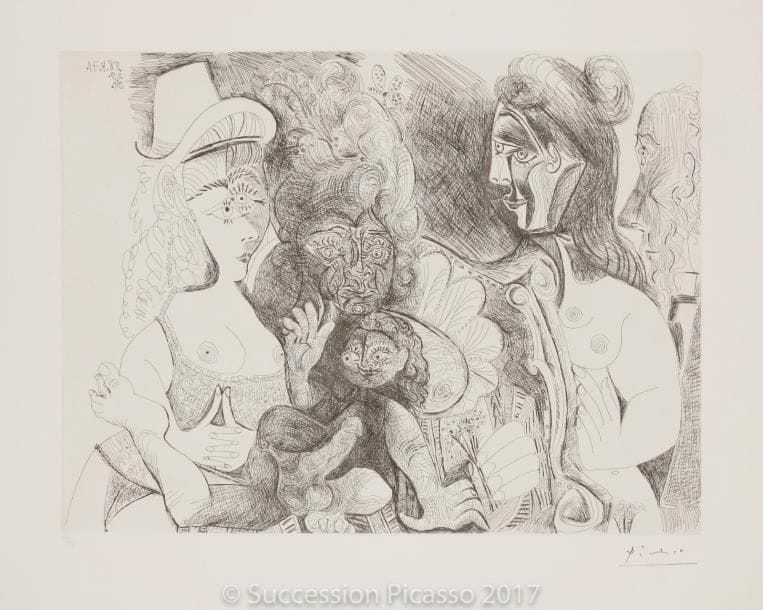 Pablo PICASSO
La fête de la patronne… (Les 156, pl. 115). 1971. Eau-forte. 367 x 492. Bloch 1970 ; Baer 1979 B a. Parfaite épreuve sur vélin blanc, du tirage effectué pour la galerie Louise Leiris (1978), timbrée (Lugt 2026e). Toutes marges. Tirage à 50 épreuves.