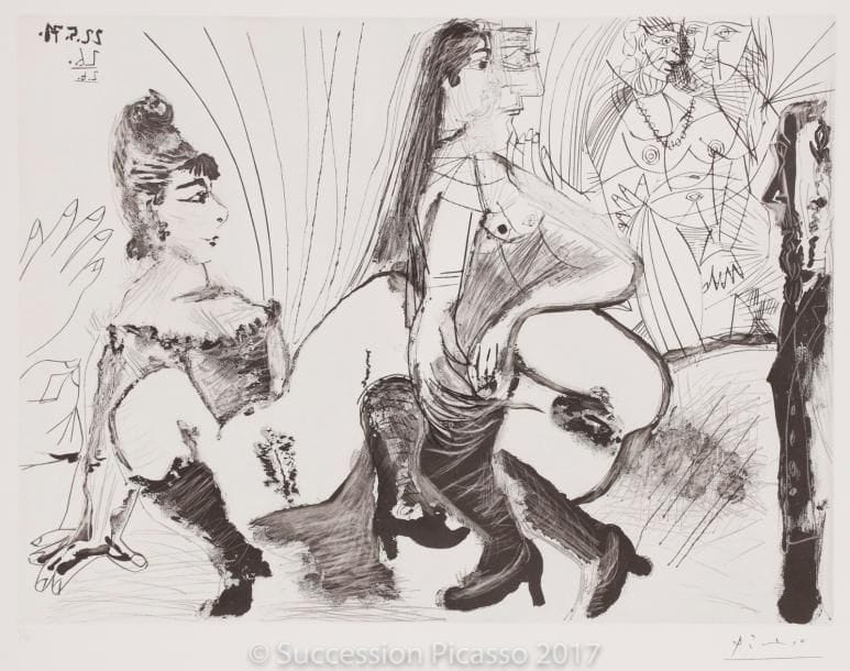 Pablo PICASSO
Degas paie et s’en va... (Les 156, pl. 133). 1971. Aquatinte au sucre, grattoir et pointe sèche. 366 x 492. Bloch 1988 ; Baer 1998 III B a. Parfaite épreuve sur vélin blanc, numérotée et timbrée (Lugt 2026e). Toutes marges. Tirage à 50 épreuves. Éd. de la Galerie Leiris.