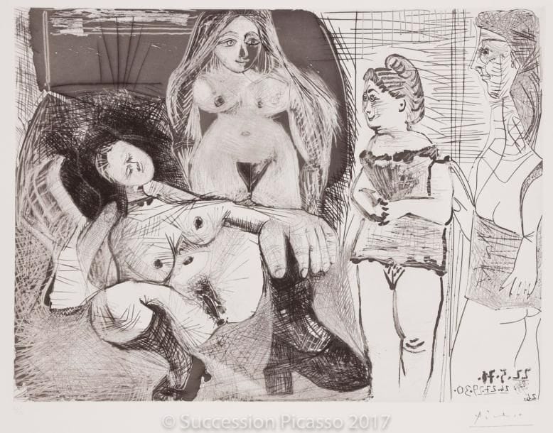 Pablo PICASSO
Filles entre elles, la sous-maîtresse. (Les 156, pl. 134). 1971. Aquatinte au sucre, grattoir et pointe sèche. 366 x 492. Bloch 1989 ; Baer 1999 V B a. Parfaite épreuve sur vélin blanc, numérotée et timbrée (Lugt 2026e). Toutes marges. Tirage à 50 épreuves. Éd. de la Galerie Leiris.