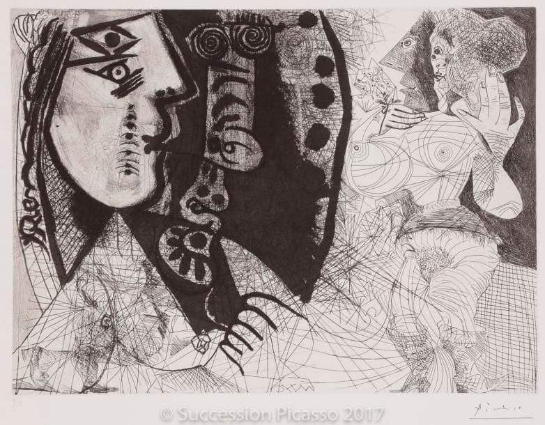 Pablo PICASSO
Couple : femme et homme-chien... (Les 156, pl. 155). 1972. Eau-forte, grattoir, pointe sèche et aquatinte. 367 x 493. Bloch 2010 ; Baer 2021 VII B a. Parfaite épreuve sur vélin blanc, numérotée et timbrée (Lugt 2026e). Toutes marges. Tirage à 50 épreuves. Éd. de la Galerie Leiris.