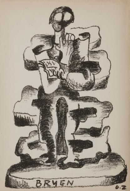 [ZADKINE (Ossip)] - BRYEN (Camille).
La Chair et les mots. Journal poétique.
Paris : K éditeur, 1948. — In-12, 190 x 133 : 41 pp., (6 ff. 4 derniers blancs), couverture imprimée. En feuilles, couverture rempliée.
Édition originale tirée à 1000 exemplaires, illustrée d’un portrait de l’auteur par l’artiste d’origine russe Ossip ZADKINE (1890-1967).
Un des 50 exemplaires de tête sur chiffon Marais Crèvecœur comprenant une lithographie originale de l’artiste.
Il a été enrichi d’une lettre tapuscrite signée de Louise Bryen, épouse d’Ossip, datée du 2 juillet 1947. Elle porte sur une exposition à Cannes à laquelle l’artiste ne peut participer et elle est accompagnée de 2 photographies d’œuvres de l’artiste, destinées aux revues américaines dont le destinataire de la lettre est un des correspondants.
Petites déchirures au dos et à une charnière. Les deux agrafes qui tenaient les cahiers ont disparu.