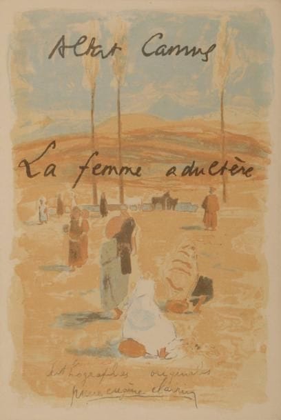 [CLAIRIN (Pierre Eugène)] - CAMUS (Albert).
La Femme adultère.
[Alger : Noël Schumann, 1954]. — In-8, 282 x 200 : (2 ff. blancs), 63 pp., (4 ff. 2 derniers blancs), couverture imprimée. Box grège, plats ornés de bandes verticales irrégulières de peau de buffle marron et de box beige, dos lisse, doublures et gardes de velours marron, tête argentée, non rogné, couverture et dos conservés, étui-boîte doublé de veau marron (D. Comolli).
Édition originale rare de ce texte dans lequel Camus, à travers le voyage en autocar de Janine et de son mari dans le désert en Algérie, décrit la condition humaine et l’absurdité de la vie. Elle est illustrée de 12 lithographies originales en couleurs de Pierre Eugène CLAIRIN (1897-1980).
Tirage à 300 exemplaires signés par Albert Camus et Clairin, celui-ci un des 260 sur vélin d’Arches.
Exemplaire entièrement monté sur onglets, parfaitement relié par Dominique Comolli. 
Les deux derniers feuillets de texte, contenant la justification, sont en partie décollés.