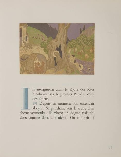 [LA FRESNAYE (Roger de)] - JAMMES (Francis).
Le Roman du lièvre.
Paris : Émile-Paul frères, 1929. — In-4, 307 x 235 : (6 ff. 3 premiers blancs), 81 pp., (3 ff. 2 derniers blancs), couverture imprimée. En feuilles, chemise à rabats et étui d’édition.
Édition tirée à seulement 162 exemplaires numérotés sur papier vélin d’Arches, illustrée de 13 compositions en couleurs à mi-page de Roger de LA FRESNAYE (1885-1925), gravées sur bois par Daragnès et Mailliez.
Exemplaire très bien conservé, malgré quelques usures à l’étui.