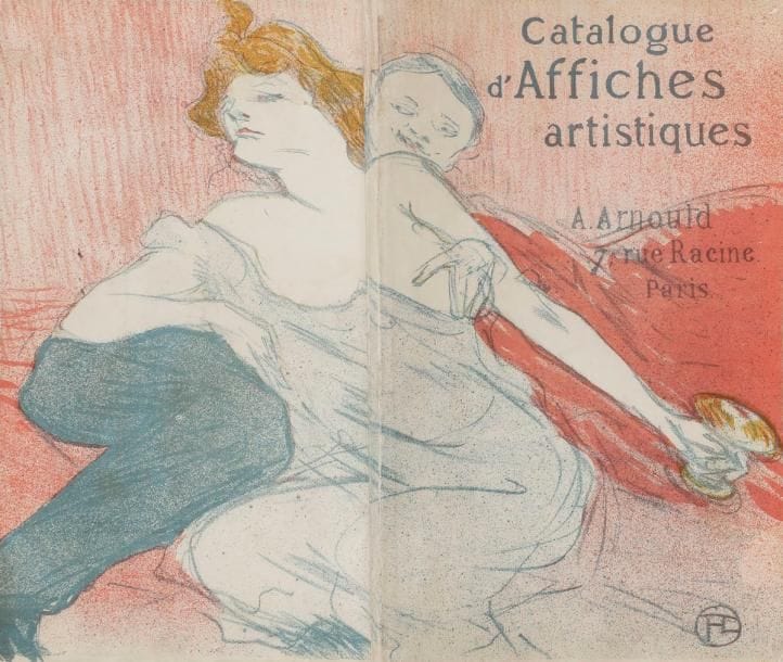 TOULOUSE-LAUTREC (Henri de).
Catalogue d’Affiches artistiques. Estampes.
Paris : A. Arnould, Juin 1896. — In-8, 237 x 144 : 30 pp., 32 ff. de planches, (1 f.), couverture illustrée. Broché.{CR}Delteil 178.
Beau et rare catalogue de vente de la maison Arnould, proposant une liste de 451 affiches réalisées par les grands artistes de l’époque tels que Bonnard, Chéret, Detaille, Forain, Guillaume, Toulouse-Lautrec, Mucha, etc. et 32 planches proposant la reproduction d’autant d’affiches en noir.
Ce catalogue est particulièrement recherché car il comporte une lithographie originale en couleurs de Toulouse-Lautrec, recouvrant les deux plats et le dos de la couverture. Intitulée Débauche, elle représente une femme en partie dénudée et un homme qui n’est autre que le peintre et graveur Maxime Dethomas, ami de l’artiste.
Exemplaire très bien conservé.