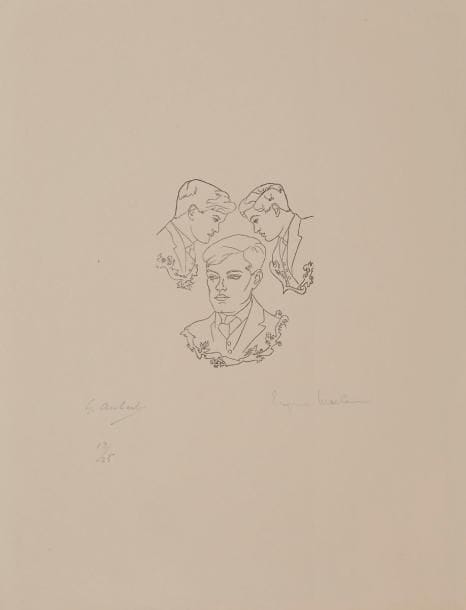 CREVEL (René).
Détours.
Paris : Nouvelle Revue Française, 1924. — In-16, 192 x 138 : 104 pp., (2 ff. dernier blanc), couverture imprimée. Broché, sous grand étui-boîte moderne.{CR}Édition originale, illustrée d’un portrait de l’auteur par Eugène Maccow, gravé sur bois par G. Aubert.

Un des 25 exemplaires sur vieux japon teinté, accompagnés d’une épreuve à grandes marges sur le même papier, signée et numérotée par Aubert et contresignée par Maccow.

Exemplaire parfaitement conservé, pour lequel a été fait un étui-boîte des plus agréables. Deux petits défauts sans gravité à la quatrième de couverture.