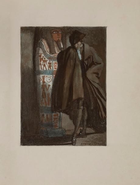 FRANCE (Anatole) - LEROUX (Auguste).
La Rôtisserie de la reine Pédauque.
Paris : Édouard Pelletan, 1911. — In-4, 287 x 229 : portrait, (1 f.), 442 pp., (1 f.), couverture imprimée. Maroquin rouge, décor à froid à la base des nerfs sur les plats, dos à nerfs, doublures de maroquin bleu ornées d’un large cadre composé d’une bande de maroquin noir et de cerises de maroquins marron et olive, gardes de soie brochée, doubles gardes, tranches dorées, couverture et dos conservés (Marius Michel).{CR}Édition de luxe, tirée à 410 exemplaires, illustrée de plus de 180 compositions d’Auguste Leroux (1871-1954), dont un portrait hors texte de l’auteur et 17 figures à pleine page en couleurs ou en bistre, gravées sur bois par Duplessis, Ernest Florian, Eugène et Émile Froment, Gusman et Perrichon.
Un des 27 exemplaires sur japon ancien, au format grand in-4, contenant une aquarelle originale de l’artiste et une suite sur chine en épreuve d’artiste de toutes les illustrations.
Précieux exemplaire, spécialement imprimé pour le journaliste et homme de lettres Auguste Erhard (1847-1931), en reliure doublée de Marius Michel, enrichi de la décomposition sur chine d’une des illustrations et du prospectus de parution.