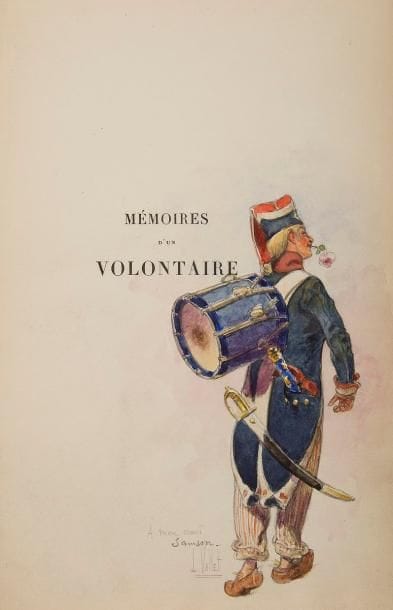 FRANCE (Anatole) - MOREAU (Adrien).
Mémoires d’un volontaire.
Paris : A. Ferroud, 1902. — In-8, 248 x 158 : (4 ff. premier blanc), 96 pp., (1 f. blanc), couverture illustrée. Demi-maroquin grenat à coins, filets dorés, dos à nerfs orné, tête dorée, non rogné, couverture et dos conservés (Ch. Septier).{CR}Édition tirée à 400 exemplaires, illustrée de 26 compositions du peintre Adrien MOREAU (1843-1906) gravées à l’eau-forte par Xavier Lesueur, dont une sur le titre répétée sur la couverture, 20 dans le texte et 5 à pleine page.
Un des 80 exemplaires sur japon ou sur vélin d’Arches, celui-ci sur japon, contenant trois états des gravures dont l’eau-forte pure avec remarque. Il est en outre enrichi du prospectus de parution et d’UNE TRÈS BELLE AQUARELLE ORIGINALE sur le faux-titre, exécutée par l’aquarelliste et dessinateur Louis VALLET (1856-1940) et dédicacée à son « ami Samson ».
Bel exemplaire.