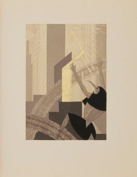 LALAU (Maurice) - ROSNY. (Joseph-Henry).
Tabubu. Roman égyptien.
Paris : Jules Meynial, 1932. — In-12, 184 x 141 : (4 ff. premier blanc), 112 pp., (4 ff.), couverture illustrée. En feuilles, couverture rempliée.{CR}Première édition illustrée de ce roman égyptien paru pour la première fois en 1894, tirée à 110 exemplaires numérotés sur vélin de Madagascar.

Elle est illustrée de 71 compositions du peintre Maurice Lalau (1881-1961), dont 10 à pleine page, toutes rehaussées d’or et de palladium.

IL S’AGIT DE L’UN DES PLUS BEAUX LIVRES ILLUSTRÉS ART DÉCO. Commencé en 1928 et imprimé en 1932, son intérêt réside autant dans la qualité de son illustration que dans celle de son impression réalisée par Lalau lui-même dans son atelier.

Exemplaire très bien conservé. Petites traces de pliures au dos.