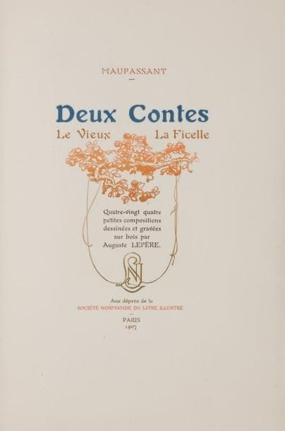 MAUPASSANT (Guy de).
Deux Contes. Le Vieux. La Ficelle.
Paris : Aux dépens de la Société Normande du livre illustré, 1907. — In-8, 239 x 162 : 89 pp., (2 ff.), couverture illustrée. Parchemin marbré à la bradel à recouvrement, plats ornés d’un encadrement peint en gris avec bordures dorées, dos lisse avec auteur et titre inscrit à l’encre, non rogné, couverture et dos conservés, étui bordé (reliure du temps).{CR}Remarquable et luxueuse édition, dans le plus pure style art nouveau, imprimée en deux couleurs à l’aide des caractères dessinés par Georges Auriol et gravés par Georges Peignot.
Elle est illustrée de 84 jolis bois originaux tirés en camaïeux du graveur et dessinateur Auguste Lepère (1849-1918) qui a d’ailleurs lui-même assuré l’impression de l’ouvrage sur ses presses à bras.
Tirage unique à 121 exemplaires sur vergé de Hollande fabriqué spécialement pour cet ouvrage, au filigrane dessiné par l’artiste.
Très bel exemplaire en reliure légèrement postérieure.
Empreinte rousse du signet aux pages 46-47.