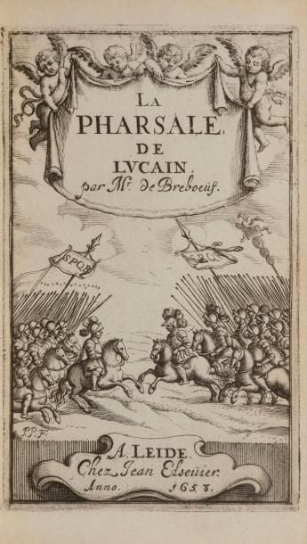 [ELZEVIER] - LUCAIN. 
La Pharsale de Lucain, ou Les Guerres Civiles de Cesar & de Pompée. En vers françois, Par Mr de Breboeuf.
Leyde : Jean Elzevier, 1658. — In-12, 125 x 73 : frontispice, 417 pp. Maroquin vert, triple filet doré en encadrement sur les plats, dos à nerfs orné, filet doré intérieur, tranches dorées (reliure du XIXe siècle).{CR}Willems, 827.
Très belle édition elzévirienne de La Pharsale de Lucain, dans la traduction de Georges de Brébeuf.
Ce poème épique est divisé en dix livres, les huit premiers ayant pour argument la guerre entre César et Pompée, les deux derniers racontant les expéditions d’Afrique et d’Égypte. La traduction de Georges de Brébeuf parut d’abord entre 1653 et 1655, en cinq parties in-4 ; elle est considérée comme l’une des meilleures traductions anciennes.
L’édition est illustrée d’un frontispice gravé et signé P.P.F.
Bel exemplaire en maroquin du XIXe siècle, très bien conservé malgré quelques frottements d’usage et le dos légèrement passé. Sans le dernier feuillet blanc. Joli ex-libris non identifié.