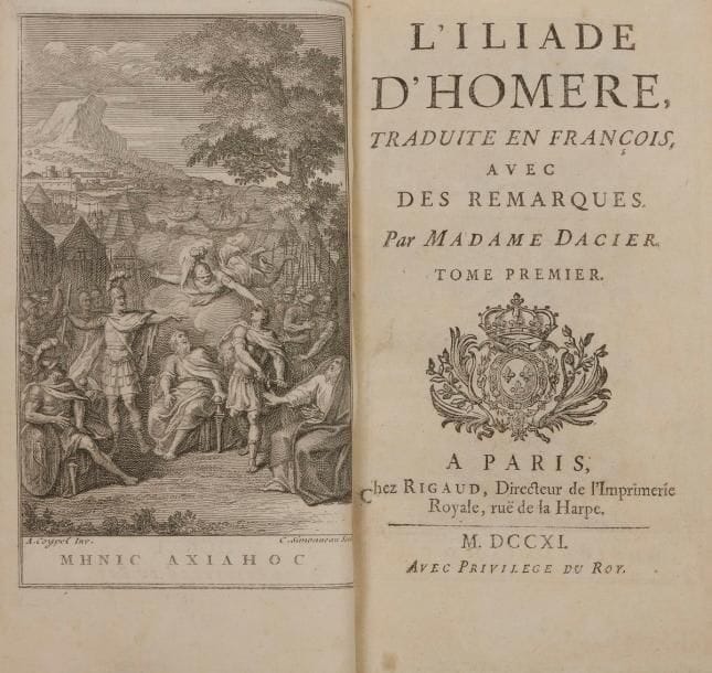 HOMÈRE.
L’Iliade. - L’Odyssée.
Paris : Rigaud, 1711-1716. — 6 volumes in-12, 165 x 96 : frontispice, lxxij, 45, 522 pp., (1 f.), 7 planches ; (2 ff.), 621 pp., 9 planches ; (2 ff.), 616 pp., (1 f.), 9 planches ; frontispice, lxxxxij pp., (1 f.), 579 pp. ; (2 ff.), 639 pp. ; (2 ff.), 630 pp., (3 ff.). Maroquin rouge à long grain, filet doré et filets à froid en encadrement sur les plats, dos à nerfs, filet doré en encadrement à l’intérieur, tranches dorées (reliure anglaise du XIXe siècle).{CR}Édition originale de la traduction d’Homère par Anne Dacier (1645-1720), l’une des meilleures et des plus estimées parmi les traductions anciennes, fruit de plus de 10 années de travail. La traduction de l’Iliade parut en 1711 et celle de l’Odyssée en 1716. Chaque ouvrage comprend une importante préface ainsi que de nombreuses remarques.
Ces traductions ont fait longtemps autorité et ont même servi de base à la plupart des éditions scolaires à l’usage des lycées au XIXe siècle. Il faudra attendre la traduction de l’Iliade par Paul Mazon en 1937 et de l’Odyssée par Victor Bérard en 1924 pour détrôner celles de madame Dacier.
Très bel exemplaire en plein maroquin du XIXe siècle, provenant de la bibliothèque de l’érudit et bibliophile le comte Henri Huchet de La Bédoyère (1782-1861). Il a été enrichi des deux frontispices gravés par C. Simonneau et Audran d’après Charles Coypel, l’un pour l’Iliade l’autre pour l’Odyssée, d’une planche non signée figurant dans La Vie d’Homère, et des 24 jolies planches de Bernard Picart destinées normalement à l’édition hollandaise.
Ex-libris retiré au premier volume de l’Odyssée. Notes au crayon sur les gardes du même volume. 
Provenance : Comte de La Bédoyère, avec ex-libris (cat. 1862, 745).