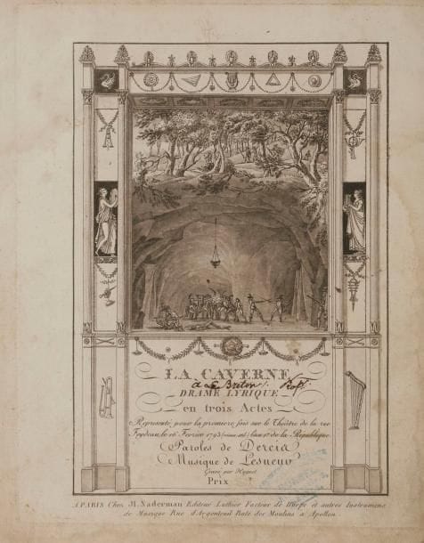 LESUEUR (Jean-François).
La Caverne.
Paris : Ji Naderman, [1795]. — In-4, 299 x 237 : (2 ff.), 330 pp. Demi-vélin vert à coins, étiquette manuscrite collée sur le premier plat, dos lisse (reliure de l’époque).{CR}Édition originale très rare de la partition complète et entièrement gravée par Huguet de ce drame lyrique en 3 actes composé par Jean François Le Sueur (1760-1837) sur un livret de Paul Dercy d’après l’Histoire de Gil Blas de Santillane d’Alain-René Lesage. Il fut représenté pour la première fois avec succès au théâtre Feydeau le 16 février 1793.

Le titre est très joliment illustré d’une aquatinte représentant dans un cadre à l’antique la représentation d’une scène de la pièce.
Exemplaire ayant appartenu à l’époque à un professeur de musique nommé Le Breton qui a inscrit son nom sur le premier plat et sur plusieurs feuillets. À la page 19 il a indiqué : « à Le Breton profr de Mque ». Ce dernier s’est servi de cette partition pour une représentation puisqu’elle comporte quelques annotations de sa main et des passages biffés et parfois, mais rarement, corrigés.

L’exemplaire est complet du feuillet de catalogue de l’éditeur placé après le titre, malheureusement très rogné avec perte de texte, et de la signature autographe de Naderman au bas de la page 1. On trouve également sur le titre le cachet de la maison Bonnel, marchand de musique à Rennes (XIXe siècle).

Reliure abîmée, coiffes arrachées, coins émoussés, frottement d’usage. Les feuillets sont salis et présentent quelques traces de mouillures. Déchirure réparée au feuillet des pages 17-18 et au dernier feuillet. Déchirures sans manque au premier feuillet du second acte (pages 119-120).