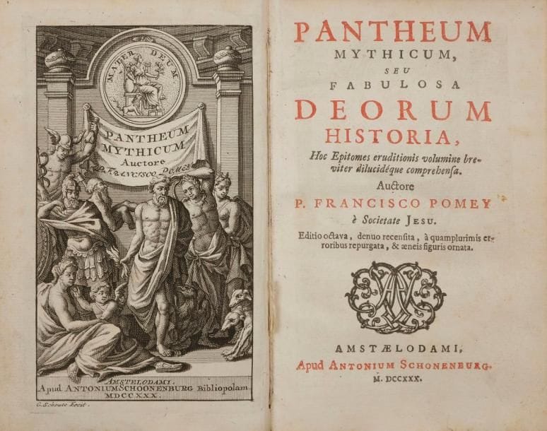 POMEY (François-Antoine).
Pantheum mythicum, seu fabulosa deorum historia, Hoc Epitomes eruditionis volumine breviter dilucidéque comprehensa.
Amsterdam : Antoine Schonenburg, 1730. — Petit in-8, 155 x 98 : (8 ff.), 298 pp., (7 ff.), 27 planches. Vélin rigide, roulette dorée en encadrement et plaque dorée au centre sur les plats, dos lisse orné de tours dorées, tranches mouchetées (reliure de l’époque).{CR}Nouvelle édition reprenant celle de 1697 publiée et corrigée par le philologue et lexicologue hollandais Amuel Pitiscus (1637-1727), de cet excellent traité de mythologie du jésuite et humaniste François-Antoine Pomey (1618-1673).
Paru pour la première fois en 1659, l’ouvrage est présenté sous la forme de dialogues entre Paléophile, amateur de l’antiquité, et Mystagogue, guide des mystères. Le contenu est très savant et donne une parfaite idée des croyances païennes de l’époque. Pomey propose pour chaque dieu sa description, son origine, ses actions, ses différents noms et les différents sens à tirer de la fable.
L’illustration reprend celle de l’édition de 1697. Elle comprend un frontispice gravé par Gysbert Schouten (16..?-17..?) et 27 planches gravées de nouveau d’après les dessins du dessinateur hollandais Jan Van Vianen (1660?-1726?).
Agréable exemplaire parfaitement conservé dans son vélin doré d’origine, arborant sur les plats une plaque dorée contenant une tour répétée au dos.
Manque les liens de tissus et la première garde blanche.