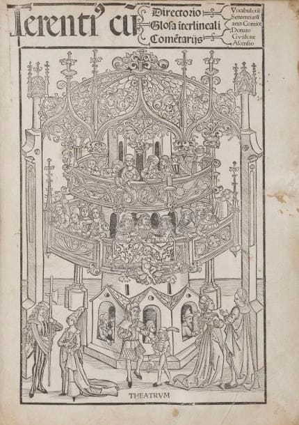 TÉRENCE.
Terenti(us) cu(m) Directio Vocabulor(m) Sententiaru(m), artis Comice, Glosa i(n)terlineali , Come(n)tariis Donato Guidone Ascensio.
Strasbourg : Johann Grüninger, 1496. — In-folio, 292 x 209 : (6 ff.), 173 ff. (sur 174) mal foliotés CLXXVI (manque le dernier blanc). [sig. a6 b-c8 d-z6 A-E6 F7]. Veau brun, plats ornés d’un encadrement de filets et d’une roulette florale à froid, encadrant trois roulettes florales verticales au centre, dos à nerfs, tranches dorées (reliure de l’époque).{CR}Laure Hermand-Schebat, Texte et image dans les éditions latines commentées de Térence. - Goff, T94. - BMC, I, 110. - Brunet, V, col. 710.

UN DES GRANDS LIVRES ILLUSTRÉS DU XVe SIÈCLE.

Cette précieuse édition est la première que donna l’éditeur et imprimeur strasbourgeois Johann Grüninger (1455?-1533). Elle propose les comédies de Térence accompagnées des commentaires modernes du grammairien et théologien Guy Jouenneaux (1450?-1507) et de l’humaniste Josse Bade (1461-1535), auxquels s’ajoute celui du grammairien et rhéteur du IVe siècle Donat.

Grüninger imprima près de 300 titres entre 1483 et 1531, aussi bien des classiques grecs et latins que des missels, des recueils de sermons, des ouvrages scientifiques, des almanachs ou des romans de chevalerie. Très vite il attacha une grande importance à l’illustration, se distinguant alors de la plupart de ses confrères. Il se contenta au début de faire recopier ou d’imiter des compositions d’éditions plus anciennes, généralement d’Augsbourg, de Bâle ou de Cologne. Ce n’est qu’en 1496-1497 qu’il orna pour la première fois ses éditions de bois originaux d’une réelle valeur artistique, et le premier ouvrage qui ouvre la longue série d’éditions illustrées de tels bois est ce Térence, d’où son importance dans l’histoire des livres illustrés au XVe siècle.

L’illustration comprend 166 compositions gravées sur bois en premier tirage, dont une sur le titre, représentant un théâtre orné d’un décor de style g