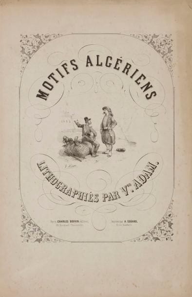 ADAM (Victor).
Motifs algériens.
Paris : Charles Boivin, [1856]. — Album in-folio, 482 x 328 : 12 planches, couverture illustrée. Demi-toile rouge à la bradel, dos lisse (G. Gaucher).{CR}Premier tirage de ce bel album consacré à l’Afrique du Nord, proposant sur douze grandes planches plus d’une centaine de sujets essentiellement militaires, tels que des scènes de batailles, de chasse, de mœurs, divers costumes, etc. soigneusement lithographiés par le peintre et lithographe Victor Adam (1801-1866).

Bon exemplaire relié par Gaucher, entièrement monté sur onglets. Il comprend la rare première de couverture. Celle-ci est très importante pour cette publication car elle comporte une vignette qui ne figure pas dans l’album.

Quelques salissures et rousseurs éparses. On y a joint diverses gravures et lithographies sur l’Algérie, des XIXe et XXe siècles, dont plusieurs signées de Saraillon.