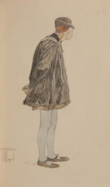 DELAVIGNE (Casimir).
Louis XI, tragédie en cinq actes et en vers. Représentée, pour la première fois, à Paris, sur le théâtre français, par les comédiens ordinaires du roi, le 11 février 1832.
Paris : J.-N. Barba, 1832. — In-8, 225 x 140 : ix, 226 pp. Maroquin rouge janséniste, dos à nerfs, fer symbolique en bas du dos, maroquin rouge en encadrement à l’intérieur, orné d’une roulette à froid bordée de deux filets dorés, doublures et gardes de soie moirée grenat, tête dorée, non rogné, étui (Gruel).{CR}Édition originale.
Exemplaire de choix, provenant de la collection d’Arthur Meyer, rédacteur en chef du journal Le Gaulois, qui l’a fait relier par Gruel avec son fer symbolique représentant un coq gaulois doré sur le dos. Il est enrichi de 2 portraits lithographiés des acteurs Samson et Ligier dans le rôle de Louis XI, d’une aquarelle originale de Vogel représentant Louis XI, de 8 vers autographes de Casimir Delavigne extraits de sa 7e Messenienne, et de 4 lettres autographes des comédiens Samson, Ligier, Monrose et Régnier. Il y avait originellement une lettre de Louis XI qui depuis a été retirée.
Très bel exemplaire. Premier feuillet bruni.
Provenance : Arthur Meyer, avec marque dorée sur le dos (cat. 1934, n°254).